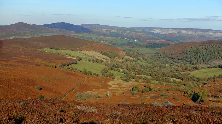 View over quarry to the cliffs of Eglwyseg Mountain