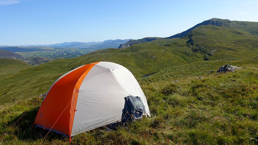 Pitch on Moel Dyrnogydd looking to Allt-fawr